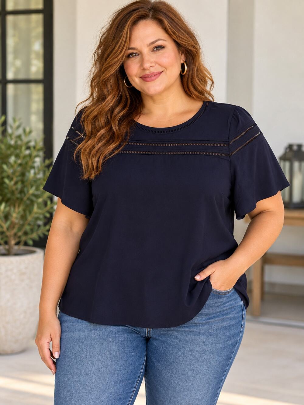 A+++ Talbots Plus 3X Navy Blue Cotton Eyelet Detail Short Sleeve Top